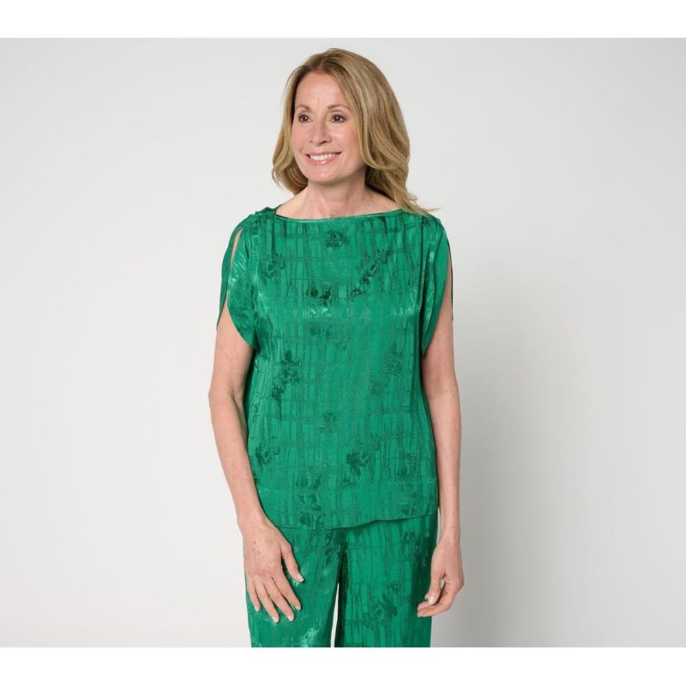Carla Rockmore Collection Women's Top Sz L Split Sleeve Foil Blouse Green